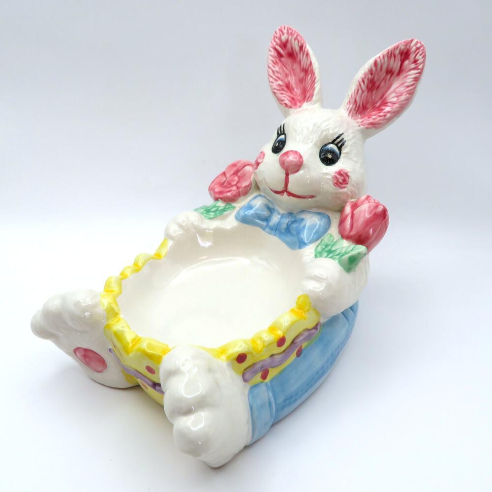 Vintage Hermitage Pottery Easter Bunny Rabbit Spongeware Dish Spring Decor 1997